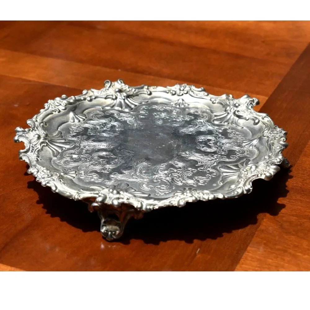 Antique Elkington & Co Silverplate Footed Salver Card Tray Rococo Victorian 8.5